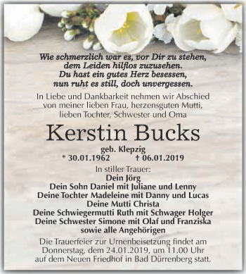 Traueranzeige von Kerstin Bucks von Super Sonntag Merseburg