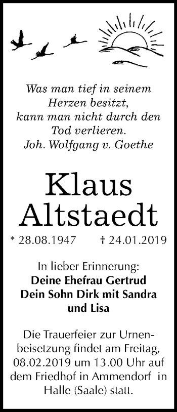 Traueranzeige von Klaus Altstaedt von Mitteldeutsche Zeitung Halle/Saalkreis