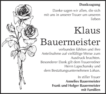 Traueranzeige von Klaus Bauermeister von WVG - Wochenspiegel Bitterfeld