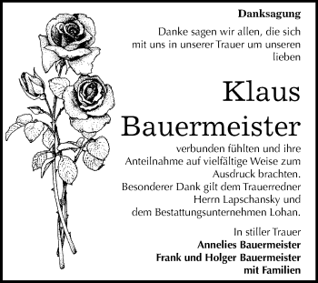 Traueranzeige von Klaus Bauermeister von Mitteldeutsche Zeitung Bitterfeld