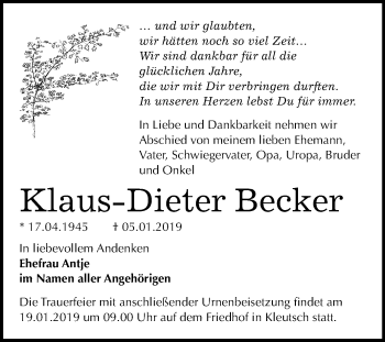 Traueranzeige von Klaus-Dieter Becker von Mitteldeutsche Zeitung Dessau-Roßlau