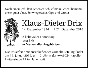Traueranzeige von Klaus-Dieter Brix von Mitteldeutsche Zeitung Halle/Saalkreis