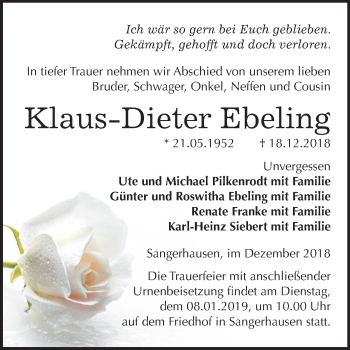 Traueranzeige von Klaus-Dieter Ebeling von Mitteldeutsche Zeitung Sangerhausen