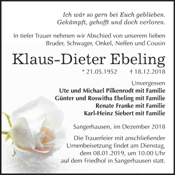 Traueranzeige von Klaus-Dieter Ebeling von Super Sonntag SGH Mansf. Land