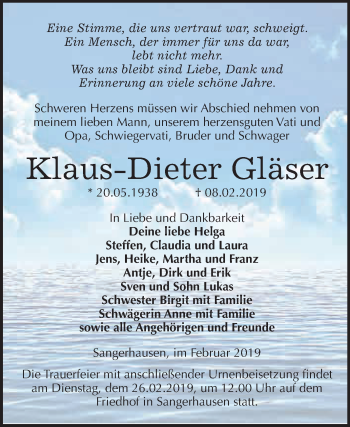 Traueranzeige von Klaus-Dieter Gläser von Super Sonntag SGH Mansf. Land