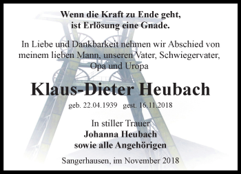 Traueranzeige von Klaus-Dieter Heubach von Super Sonntag SGH Mansf. Land