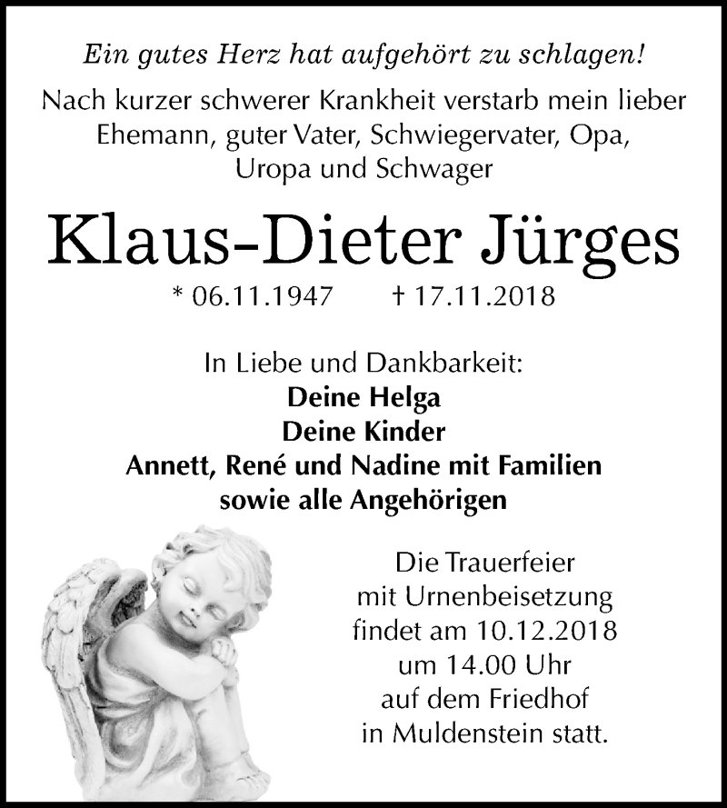  Traueranzeige für Klaus-Dieter Jürges vom 30.11.2018 aus Mitteldeutsche Zeitung Bitterfeld