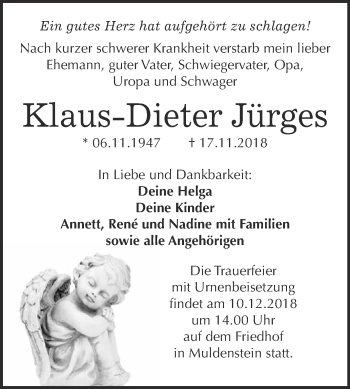 Traueranzeige von Klaus-Dieter Jürges von WVG - Wochenspiegel Bitterfeld