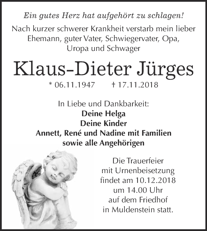  Traueranzeige für Klaus-Dieter Jürges vom 28.11.2018 aus WVG - Wochenspiegel Bitterfeld
