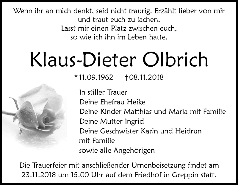  Traueranzeige für Klaus-Dieter Olbrich vom 17.11.2018 aus Mitteldeutsche Zeitung Bitterfeld