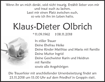 Traueranzeige von Klaus-Dieter Olbrich von WVG - Wochenspiegel Bitterfeld