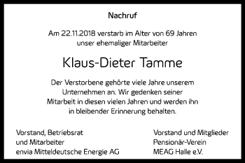 Traueranzeige von Klaus-Dieter Tamme von Mitteldeutsche Zeitung Halle/Saalkreis