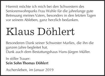 Traueranzeige von Klaus Döhlert von Super Sonntag Aschersleben