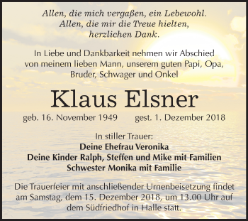 Traueranzeige von Klaus Elsner von Mitteldeutsche Zeitung Halle/Saalkreis