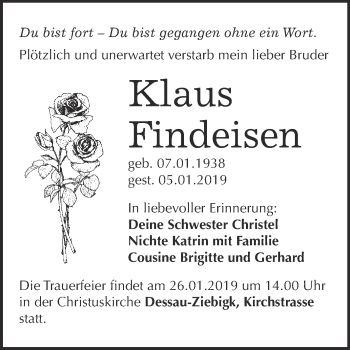 Traueranzeige von Klaus Findeisen von WVG - Wochenspiegel Dessau / Köthen