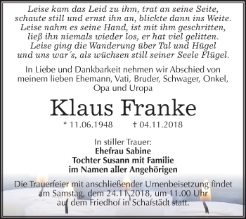 Traueranzeige von Klaus Franke von Mitteldeutsche Zeitung Merseburg/Querfurt