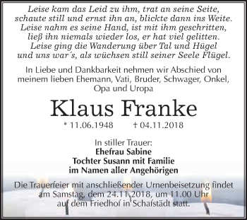 Traueranzeige von Klaus Franke von WVG - Wochenspiegel Merseburg