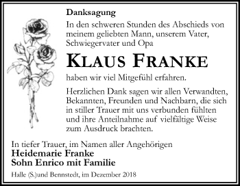 Traueranzeige von Klaus Franke von Mitteldeutsche Zeitung Halle/Saalkreis