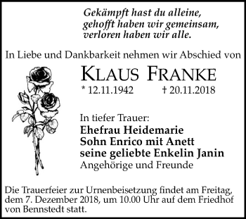 Traueranzeige von Klaus Franke von Mitteldeutsche Zeitung Halle/Saalkreis
