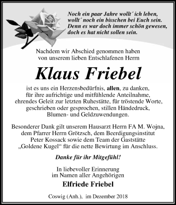 Traueranzeige von Klaus Friebel von WVG - Wochenspiegel Dessau / Köthen