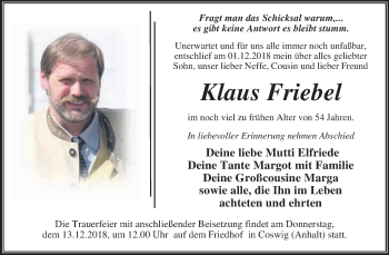 Traueranzeige von Klaus Friebel von WVG - Wochenspiegel Dessau / Köthen