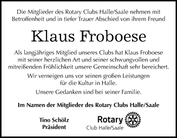 Traueranzeige von Klaus Froboese von Mitteldeutsche Zeitung Halle/Saalkreis