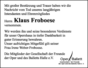 Traueranzeige von Klaus Froboese von Mitteldeutsche Zeitung Halle/Saalkreis