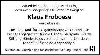 Traueranzeige von Klaus Froboese von Mitteldeutsche Zeitung Halle/Saalkreis