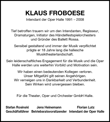 Traueranzeige von Klaus Froboese von Mitteldeutsche Zeitung Halle/Saalkreis