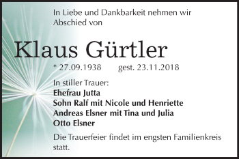 Traueranzeige von Klaus Gürtler von Mitteldeutsche Zeitung Dessau-Roßlau