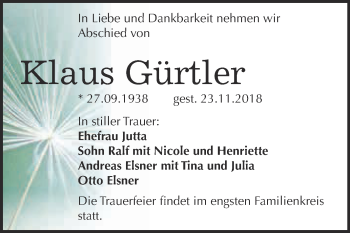 Traueranzeige von Klaus Gürtler von WVG - Wochenspiegel Dessau / Köthen