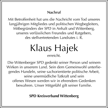 Traueranzeige von Klaus Hajek von Mitteldeutsche Zeitung Wittenberg