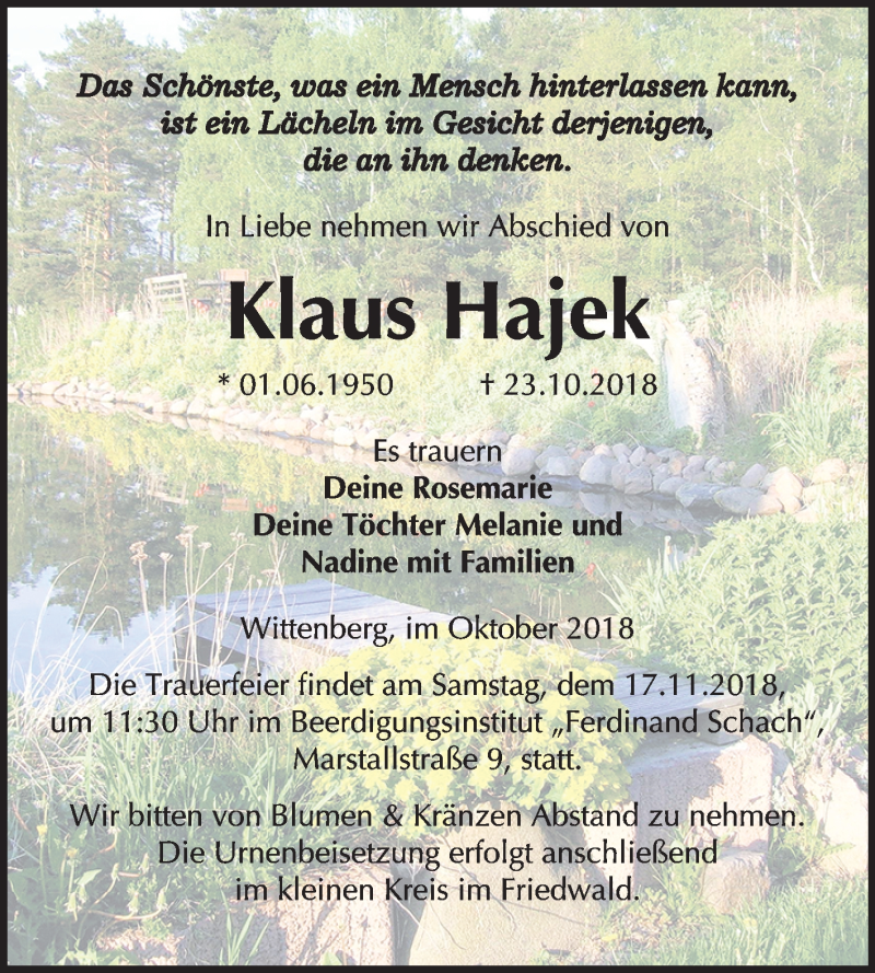  Traueranzeige für Klaus Hajek vom 03.11.2018 aus Mitteldeutsche Zeitung Wittenberg