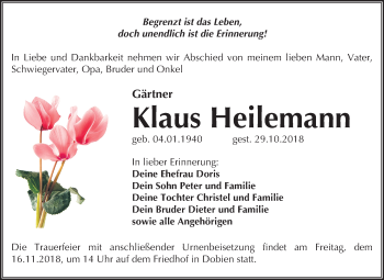 Traueranzeige von Klaus Heilemann von Mitteldeutsche Zeitung Wittenberg