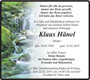 Traueranzeige von Klaus Hänel von Super Sonntag Quedlinburg