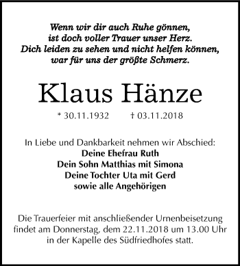 Traueranzeige von Klaus Hänze von Mitteldeutsche Zeitung Halle/Saalkreis