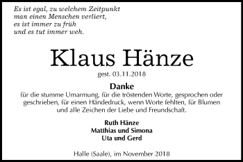 Traueranzeige von Klaus Hänze von Mitteldeutsche Zeitung Halle/Saalkreis