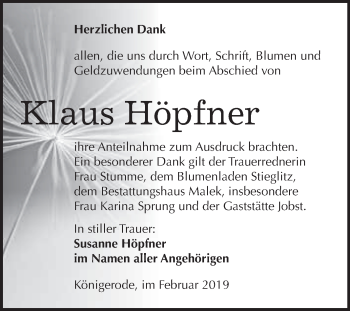 Traueranzeige von Klaus Höpfner von WVG - Wochenspiegel Quedlinburg