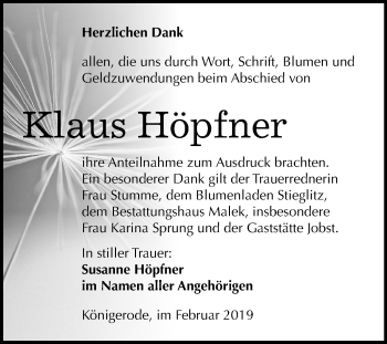 Traueranzeige von Klaus Höpfner von Mitteldeutsche Zeitung