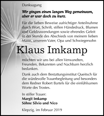 Traueranzeige von Klaus Imkamp von Mitteldeutsche Zeitung Köthen