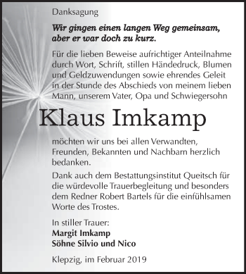 Traueranzeige von Klaus Imkamp von WVG - Wochenspiegel Dessau / Köthen