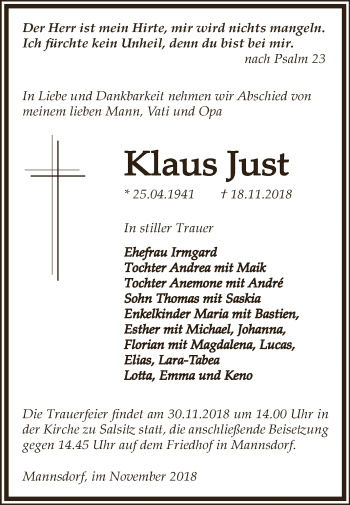 Traueranzeige von Klaus Just von Super Sonntag Zeitz