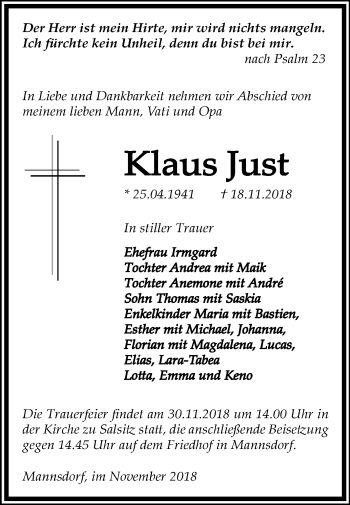 Traueranzeige von Klaus Just von Mitteldeutsche Zeitung Zeitz