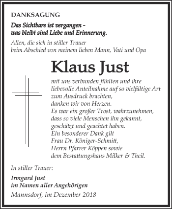 Traueranzeige von Klaus Just von Super Sonntag Zeitz