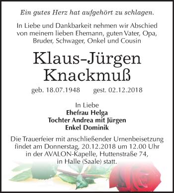Traueranzeige von Klaus-Jürgen Knackmuß von Mitteldeutsche Zeitung Halle/Saalkreis