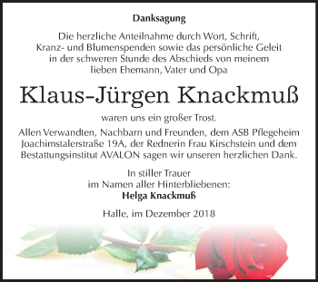 Traueranzeige von Klaus-Jürgen Knackmuß von Mitteldeutsche Zeitung Halle/Saalkreis