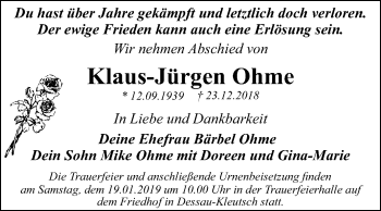 Traueranzeige von Klaus-Jürgen Ohme von WVG - Wochenspiegel Dessau / Köthen