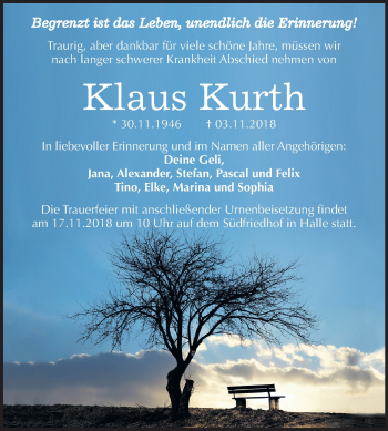 Traueranzeige von Klaus Kurth von Mitteldeutsche Zeitung Halle/Saalkreis