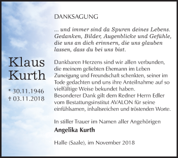 Traueranzeige von Klaus Kurth von Mitteldeutsche Zeitung Halle/Saalkreis