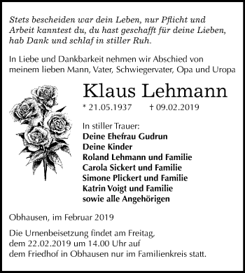 Traueranzeige von Klaus Lehmann von WVG - Wochenspiegel Merseburg
